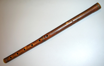 A recorder made of bamboo, its fingerholes visible on its upper surface, against a white background.