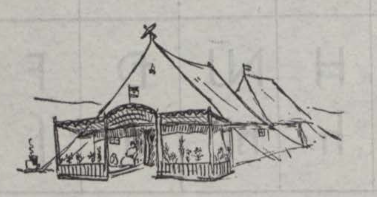 Line drawing showing a doubled tent. At the end facing the viewer is a small shaded enclosure built around the entrance of bamboo or sticks, with plants growing and a figure sitting in a relaxed pose.