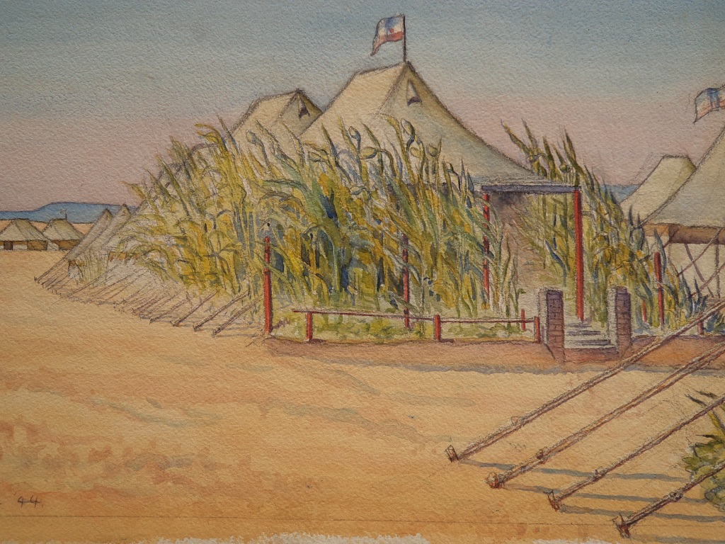 Pencil and paint picture of a doubled white tent (among other tents) with a Yugoslav flag flying, almost entirely surrounded by tall sorghum plants.